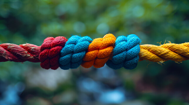 A rope with colorful knots hanging on it.