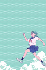 夏空に元気にジャンプする女子高生