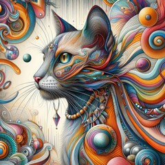 A cat with colorful swirls and beads photo lively used for printing card design illustrator.