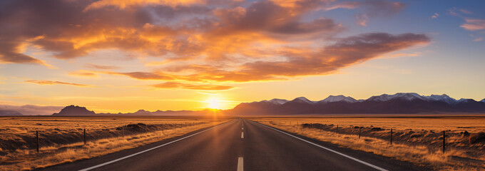 A panoramic view of an asphalt road in a steppe landscape at sunset