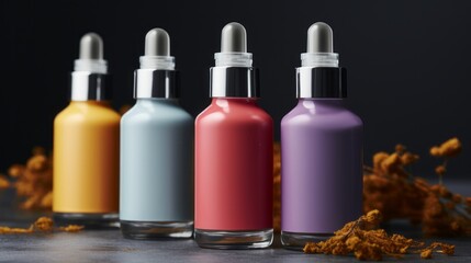 3d beauty bottle mockup. Dropper bottle mockup. Dropper flacon mockup. Natural cosmetics product packaging mockup. Cosmetic bottle set 3D render. Cosmetic bottles 3D render mockup