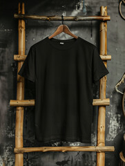 black t shirt mockup, hanging on wooden ladder generative by ai
