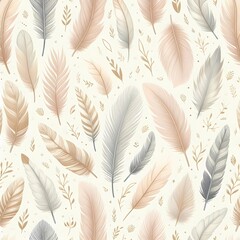 feathers seamless pattern on beign background, generative ai