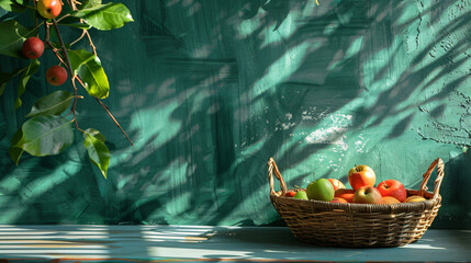 Basket with apples on table near green wall in room