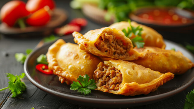 Savory fried dumplings filled with juicy mutton, served on a plate.