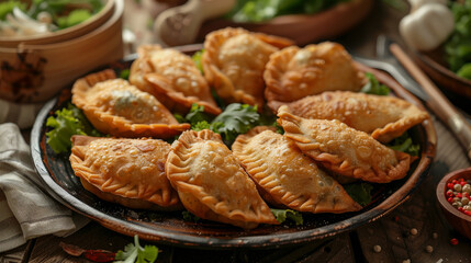 Savory fried dumplings filled with juicy mutton, served on a plate.