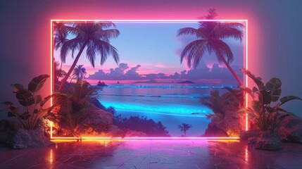 A neon sign with a tropical beach scene