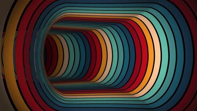 Vintage Striped Backgrounds, seamless loop animation, Retro Colors from the 1970s 1980s, 70s, 80s, 90s. Retro vintage 70s style stripes background footage lines. Endless tunnel moving design eighties 