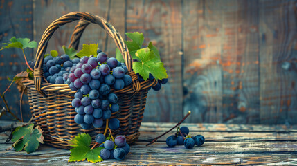 Basket with tasty ripe grapes on wooden background