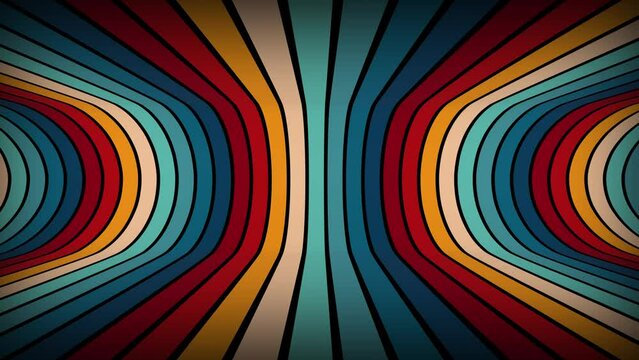 Vintage Striped Backgrounds, seamless loop animation, Retro Colors from the 1970s 1980s, 70s, 80s, 90s. Retro vintage 70s style stripes background footage lines. Endless tunnel moving design eighties 