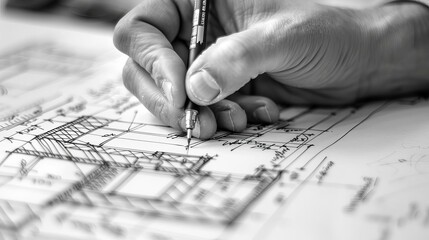 An architects hand drawing a blueprint of a building, with a construction helmet in the background