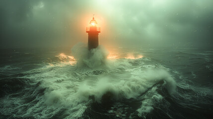Dreamy landscape: A lonely lighthouse stands on the rough coast - Powered by Adobe