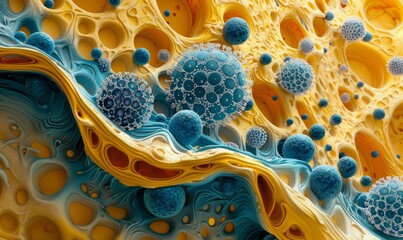 3D Rendering of Blue Microscopic Cells on Beige Background with Copy Space and Scientific Concept
