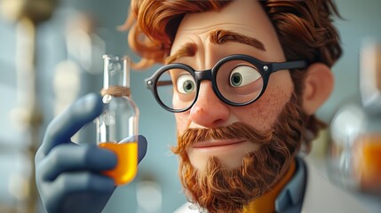 Funny scientist in the laboratory. Close-up portrait of a funny scientist with a test tube.