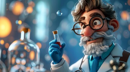 Funny scientist with a flask in his hand. 3d