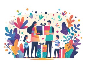 A family is standing in front of a tree with a bunch of presents