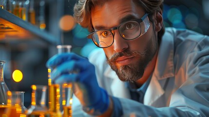 Scientist working in laboratory. Confident young man in eyeglasses holding test tube