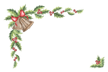 Christmas greeting card vintage Holly with leaves, berries. Bells bronze with red silk bow. Hand drawn watercolor illustration winter holiday design. Isolated template for invitation, New Year, print.