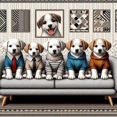 Many puppies wearing clothes on a couch image art harmony card design illustrator.