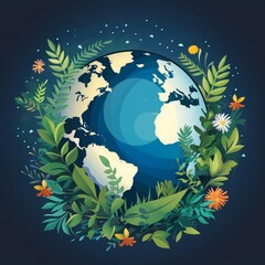 Featuring the Earth globe surrounded by flourishing plants, this illustration promotes environmental protection, sharpen banner template with copy space on center