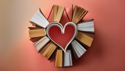 love story books forming heart shape on pink background colorful hardcover books forming a heart...