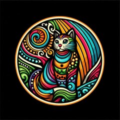 A colorful cat in a circle realistic harmony lively card design illustrator.