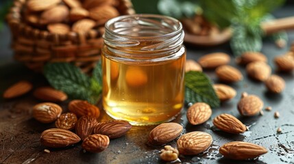 a jar of almond oil sitting on top of a table next to a pile of almond nuts with green leaves and a wicker basket in the background