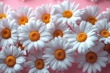 Fototapeta premium Macro shot of vibrant white daisies with yellow centers on a soft pink background