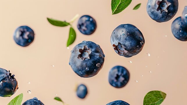 Blueberries floating in water with leaves.
