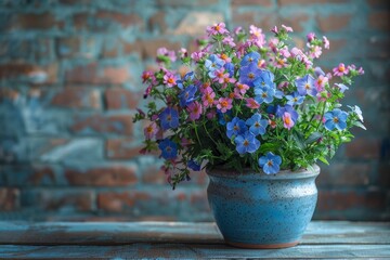 An array of blue and purple forget-me-nots in a speckled container against a moody brick wall, evoking nostalgia