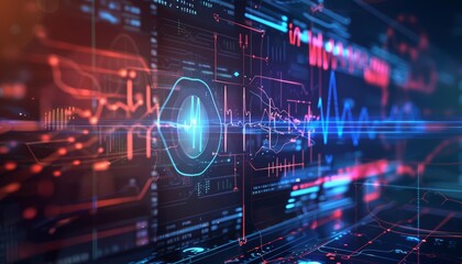 Heartbeat rhythm hologram pulses across a hightech medical interface, Sharpen banner template with copy space on center