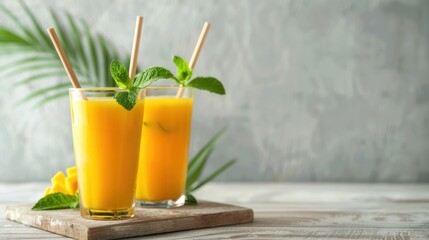 A photo of two glasses with mango juice and mint leaves, decorated with bamboo straws. 