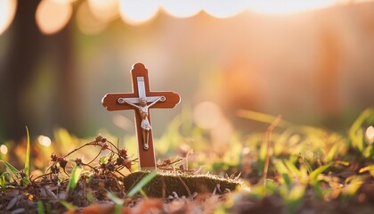 easter religious concept the cross on meadow autumn sunrise background
