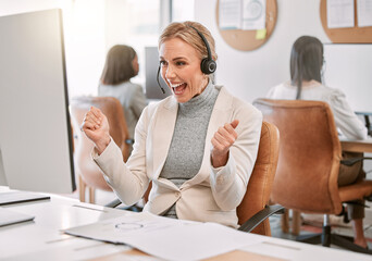 Call center, winner and woman with smile, excited and bonus for customer service, headset and tech...