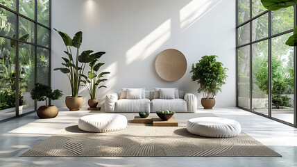 modern living room with sofa 3d rendering image.There are plants around the room.
