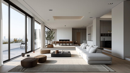 Interior of a modern living room with a panoramic view
