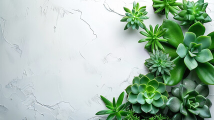 Variety of succulent plants on white textured background with copy space
