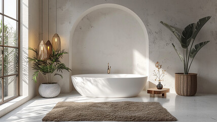 a white bath tub with a plant in the corner generativa IA