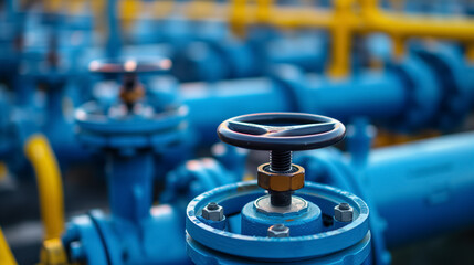 Industrial blue valves and yellow and blue piping, focused on one central valve with a wheel handle, highlighting the complexities of industrial systems.
