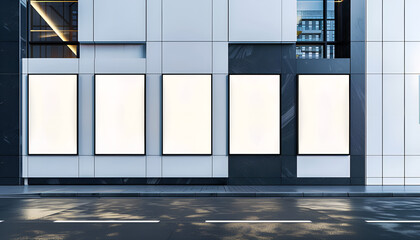 Row of empty billboards on the facade of a modern building, mockup concept, set on a city street backdrop