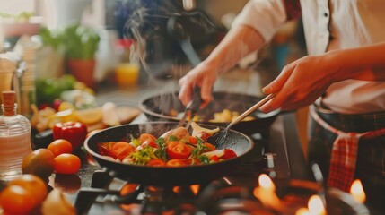 Couple cooking a romantic meal together in a modern kitchen, highspeed macro style