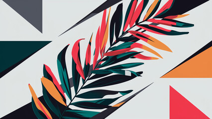 A vibrant, modern art canvas featuring a minimalist design of abstract tropical leaves silhouetted against a sunny summer sky. Generative Ai