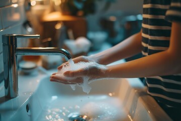 cropped shot of a woman maintaining hands hygiene and washing hands with soap in the sink - Powered by Adobe