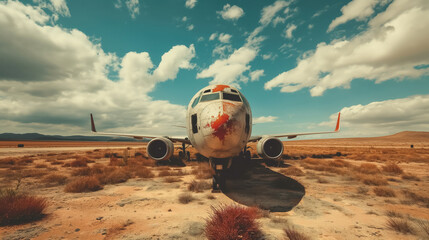 Grounded airplane sitting isolated in a vast desert landscape, under a clear blue sky, conveying a sense of abandonment and stark contrast between technology and nature. - Powered by Adobe