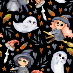 Hand-drawn watercolor Halloween seamless pattern with witches, cute ghosts, fly agarics and leaves on a black background