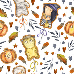 Hand-drawn watercolor Halloween seamless pattern with gingerbread witch, frankenstein, mummy, pumpkins and leaves on a white background
