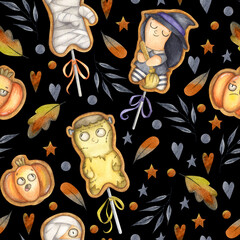 Hand-drawn watercolor Halloween seamless pattern with gingerbread witch, frankenstein mummy, pumpkins and leaves on a black background