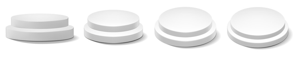 Set of empty white podiums, modern pedestals and platforms, stand stages, cylinders, round empty stages, and Product Presentation, podium stairs, 3D template for product presentations