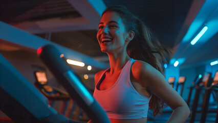 After Hours Energy: Woman Enjoying a Nighttime Treadmill Run