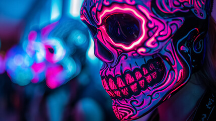 Neon skull mask radiates in pink and blue hues, creating a striking visual against a dark background, blending modern art with traditional Day of the Dead motifs.
